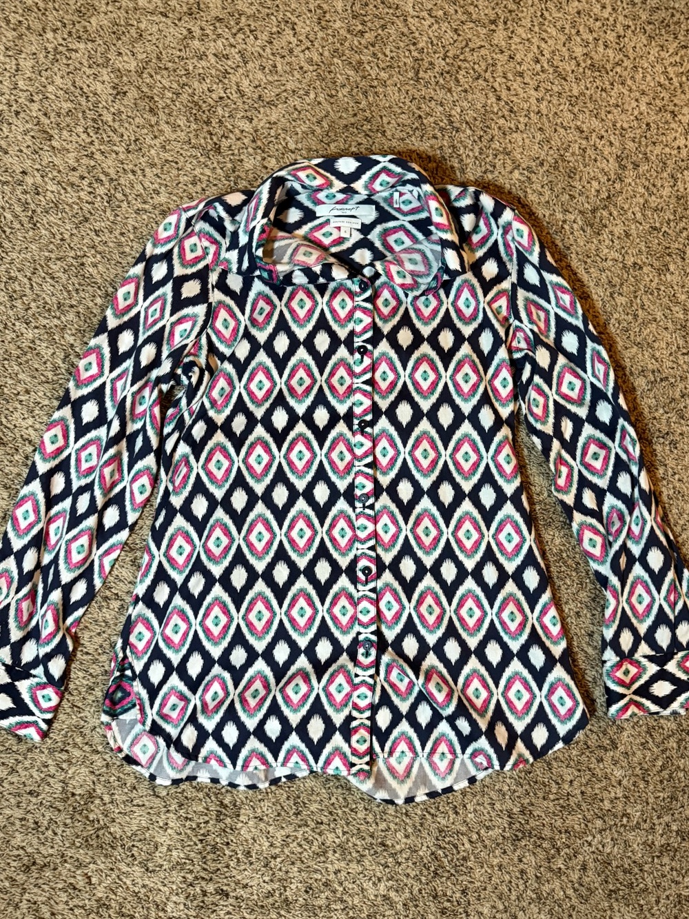 Foxcroft Pink & Navy Geometric Button-Down Blouse